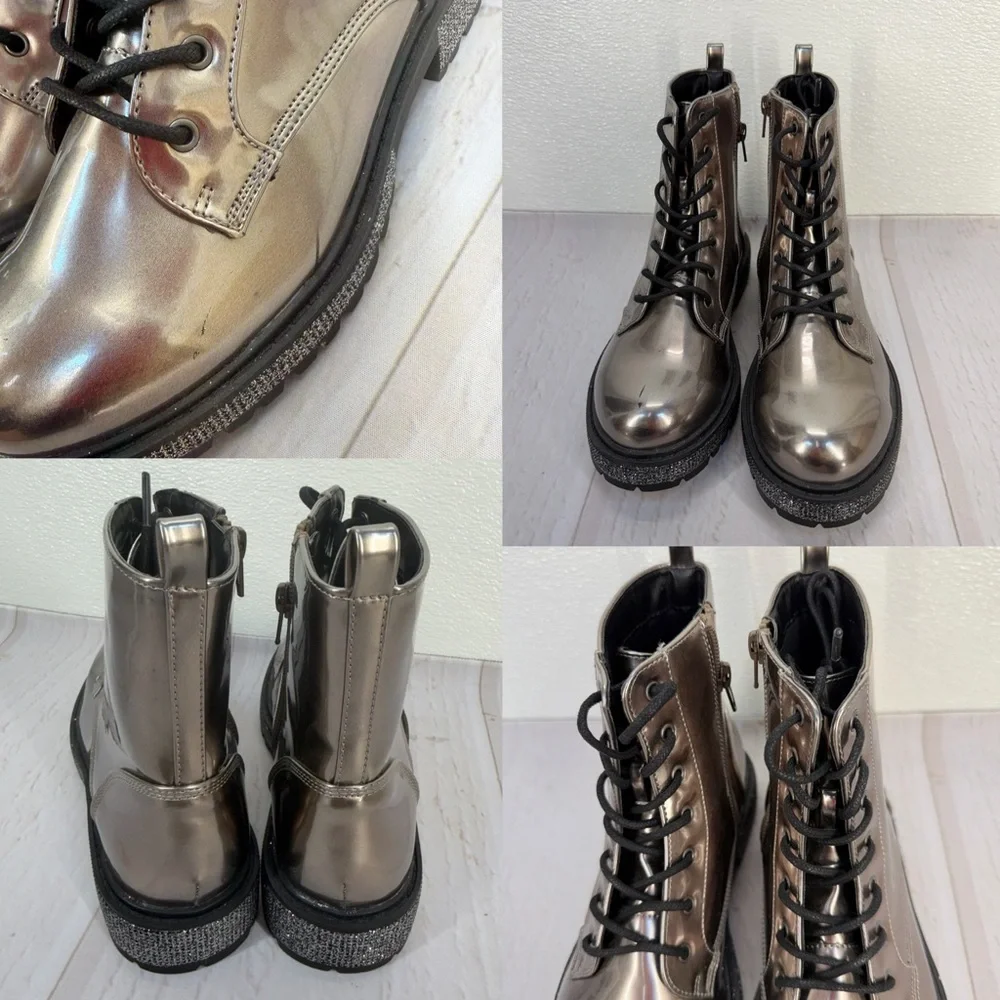 Steve Madden Jwoots Combat Boots Metallic Gunmetal Size 5‎